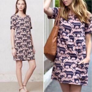 Anthropologie Maeve Zola Bear Print Mini Shift Dress Sz 4 Pink Purple Blue